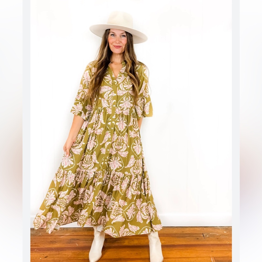 Flowy Olive Green Floral Maxi Dress with Floral Print